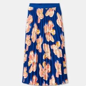 a new day Blue Pleated Midi Skirt with Pink Floral Print